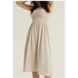 Zara Dress Women's Large Smocked Midi Tan Square Neck Straps Khaki